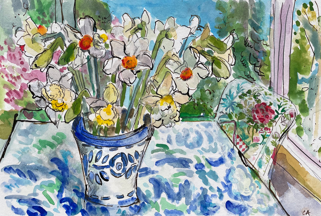 Narcissi on a Patterned Tablecloth
