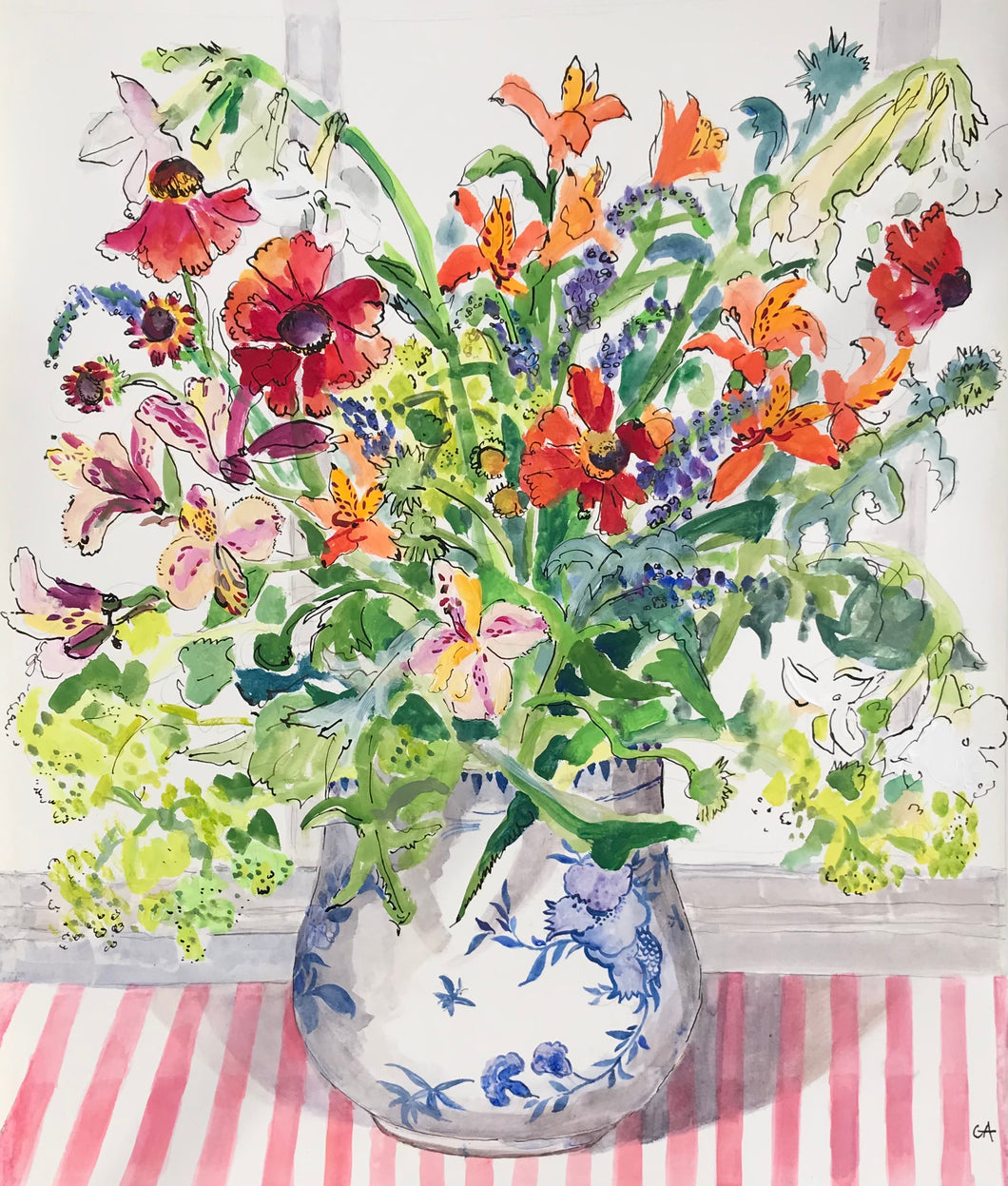 Garden Flowers on Pink Stripes