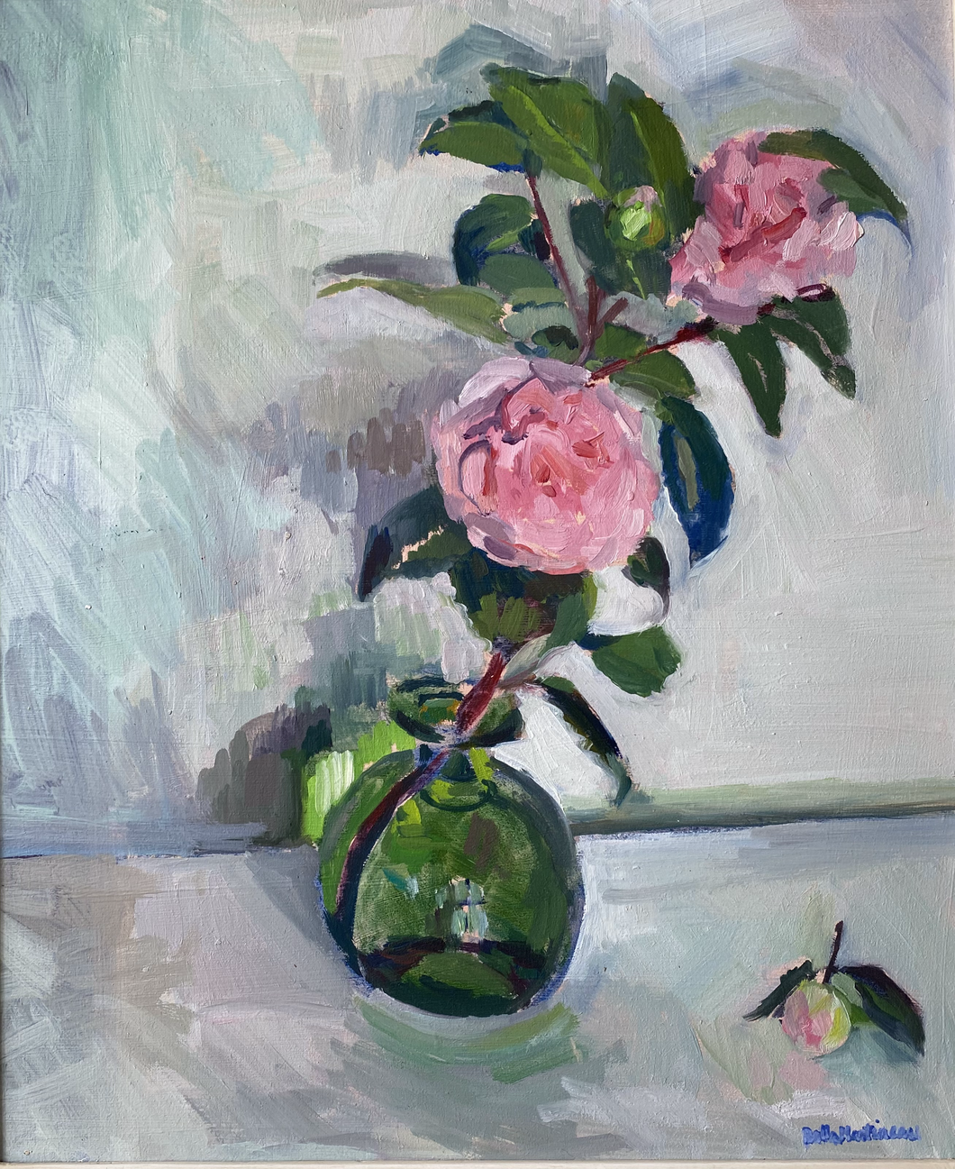Camellias in a Green Vase
